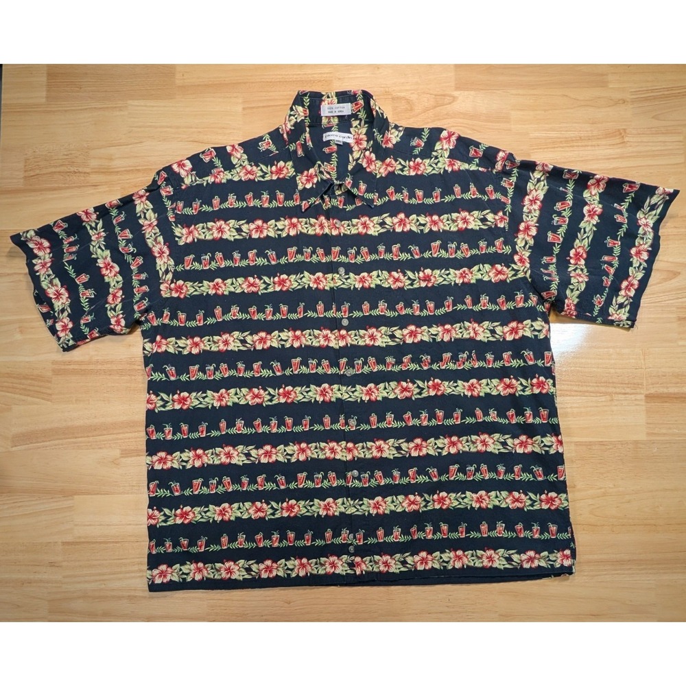 Pierre Cardin Mens XXL Navy Blue Cotton Hibiscus Tropical Drink Hawaiian Shirt‎